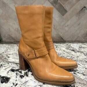 MIA Genuine Leather Tan Mid-Calf Boots Size 8 – Block Heel Retro Style